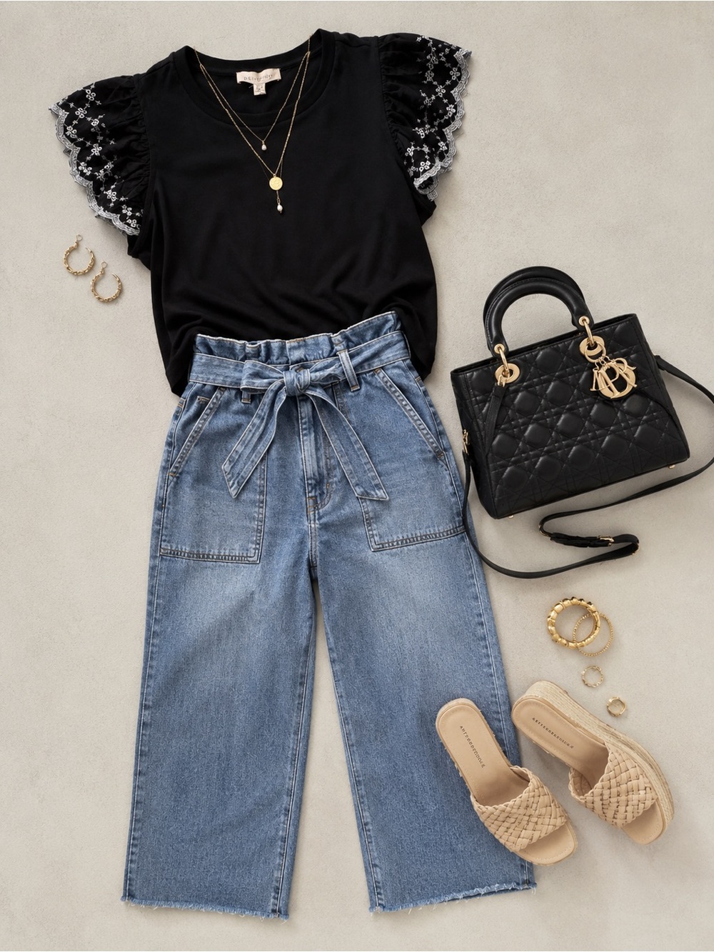 Philosophy by Anthro Black Tee with White Embroidered Puff Sleeves